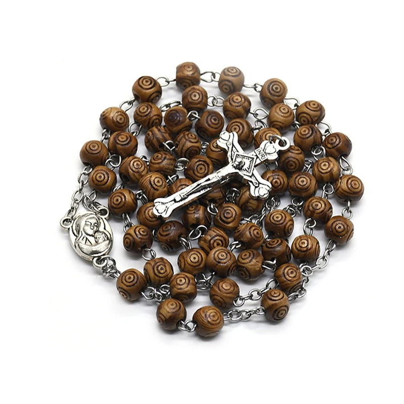 QIGO Wood Rosary Vintage Catholic Church Cross Necklace Pendant Long For Men Women Religious Jewelry