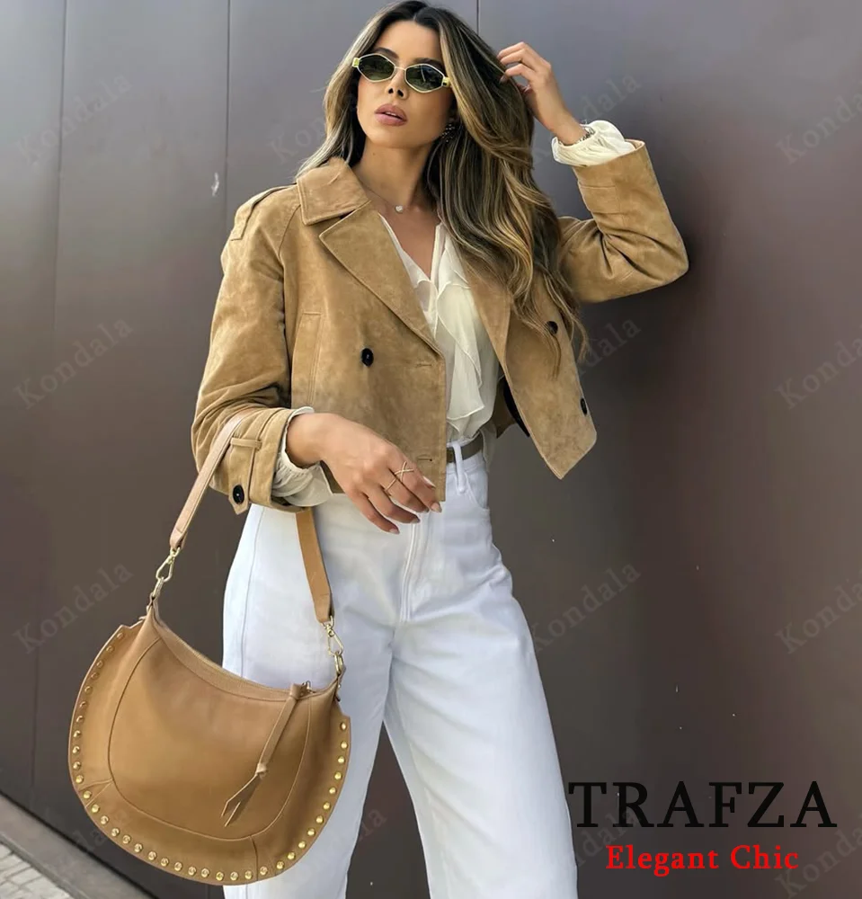 

KONDALA Vintage Chic Suede Jacket Women's Lapel Pocket Buttons Khaki Jackets 2025 Fashion Fall Winter Elegant Casual Lady Jacket