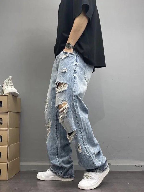 

Retro Distred American High Street Sle Men's Loose Straight Leg Casual Jeans Cool Brand Hole Punch Long Pants