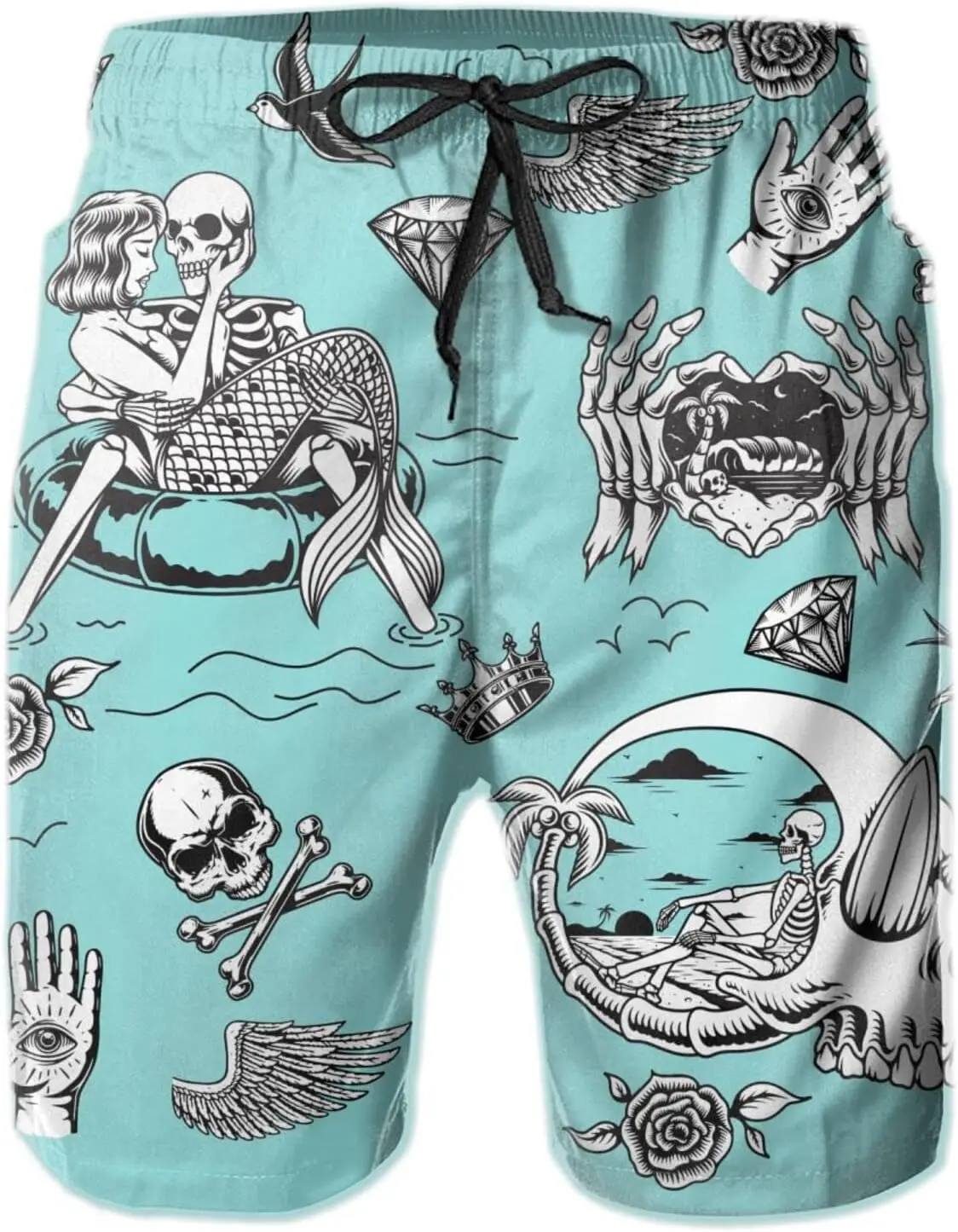 

Mermid and Skeleton Men's Swim Trunks Beach Board Shorts Quick Dry Swimwear Sports with Pockets