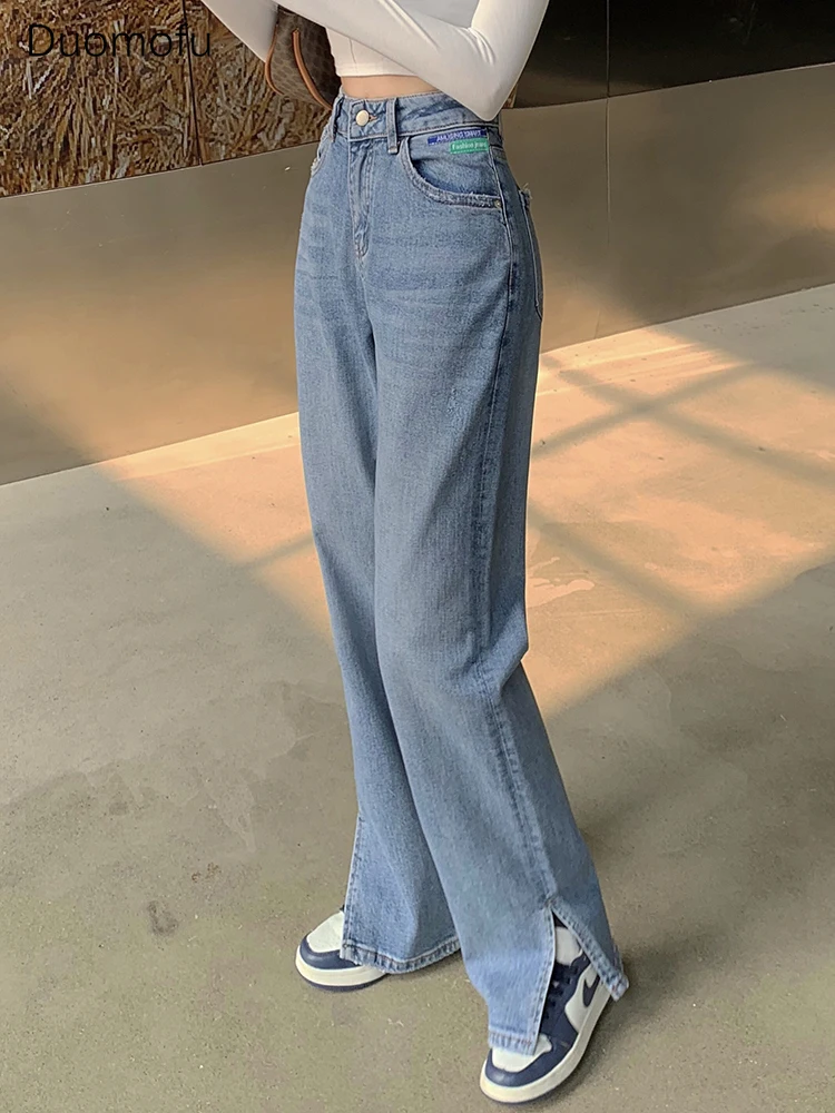 Duomofu Chique Hoge Taille Slanke Klassieke Split Straight Dames Jeans Nieuwe Eenvoudige Rits Knoop Full Length Losse Mode Vrouwen Jeans