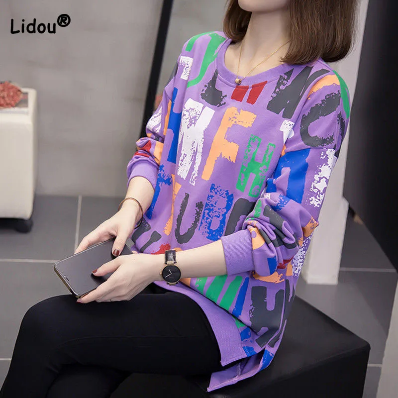 

Spring Long Sleeve Fashion Letter Printed Tops Women's Clothing All-match Loose Chic Split Round Neck Thin Sweatshirts Female