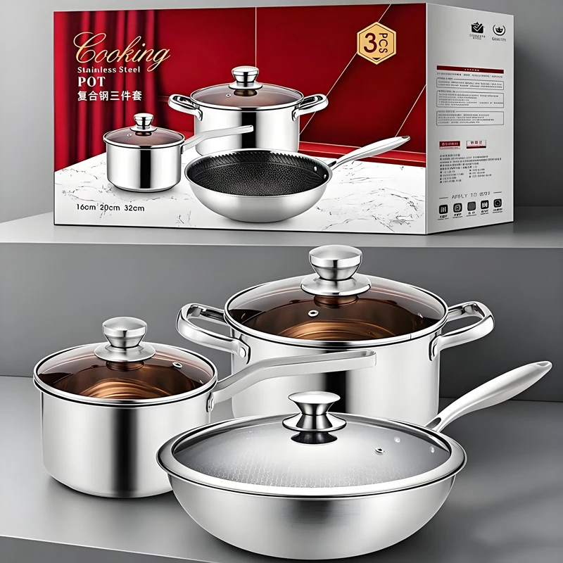 3Pcs Stainless Steel Cookware Set, Honeycomb Wok + Stockpot + Milk Pan