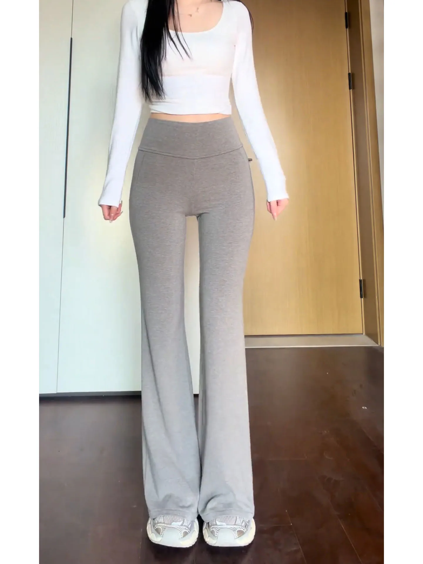 Light ey High Waist Fce Lined Bell Bot Yoga Pants Women's Autumn Winter New Sle Dra Slimming Casual Pants
