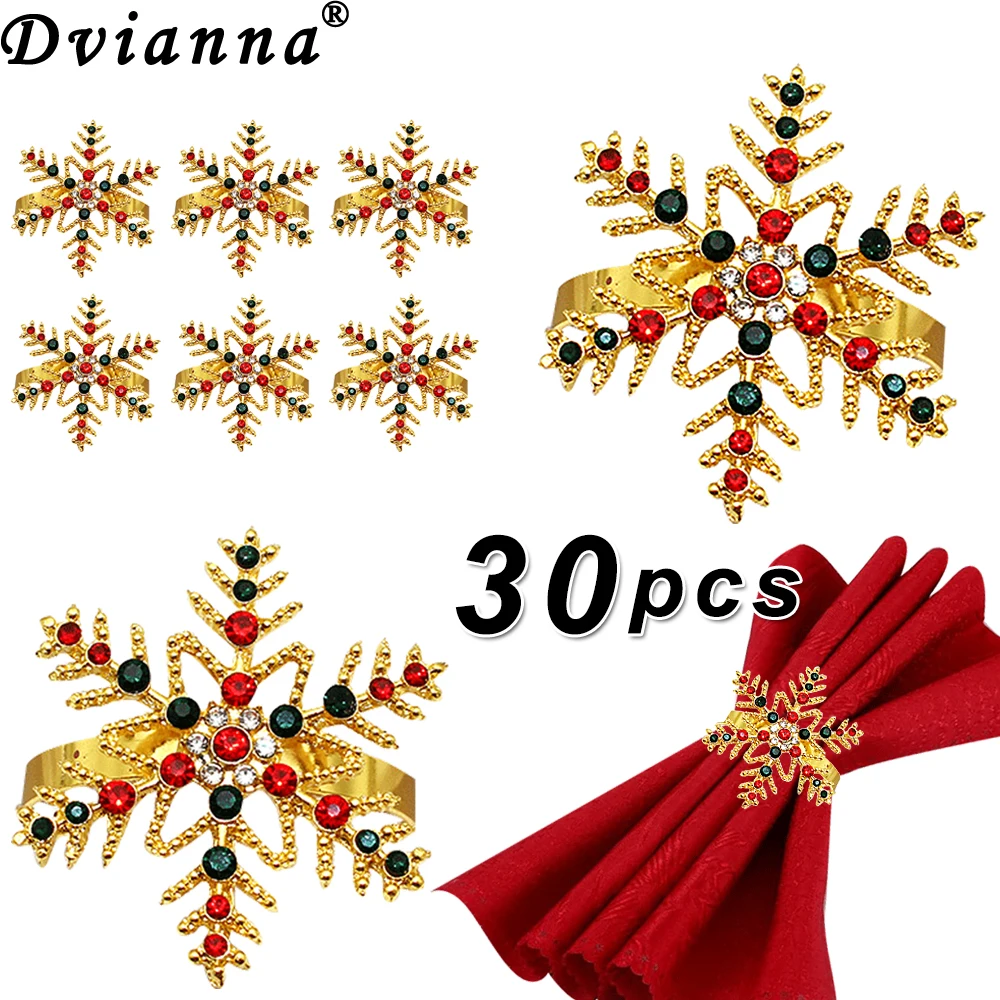 30Pcs Christmas Napkin Rings Rhinestone Snowflake Napkin Holder Gold Napkin Buckles for New Year Wedding Party Dinner Table Deco