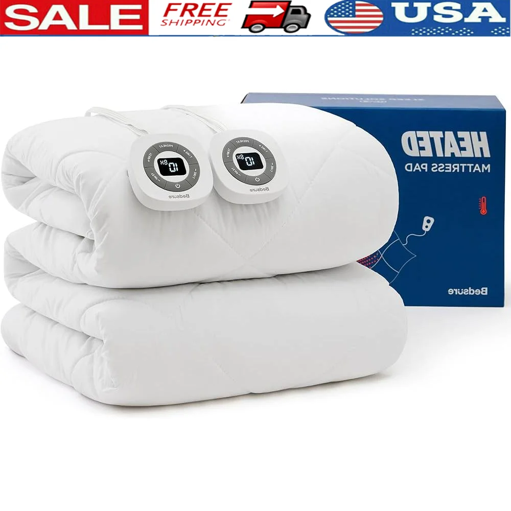 

Heated Mattress Pad Queen Electric Bed Warmer 10 Heat Settings Dual Controllers Preheat Function 12-Hour Auto Off Deep Pocket