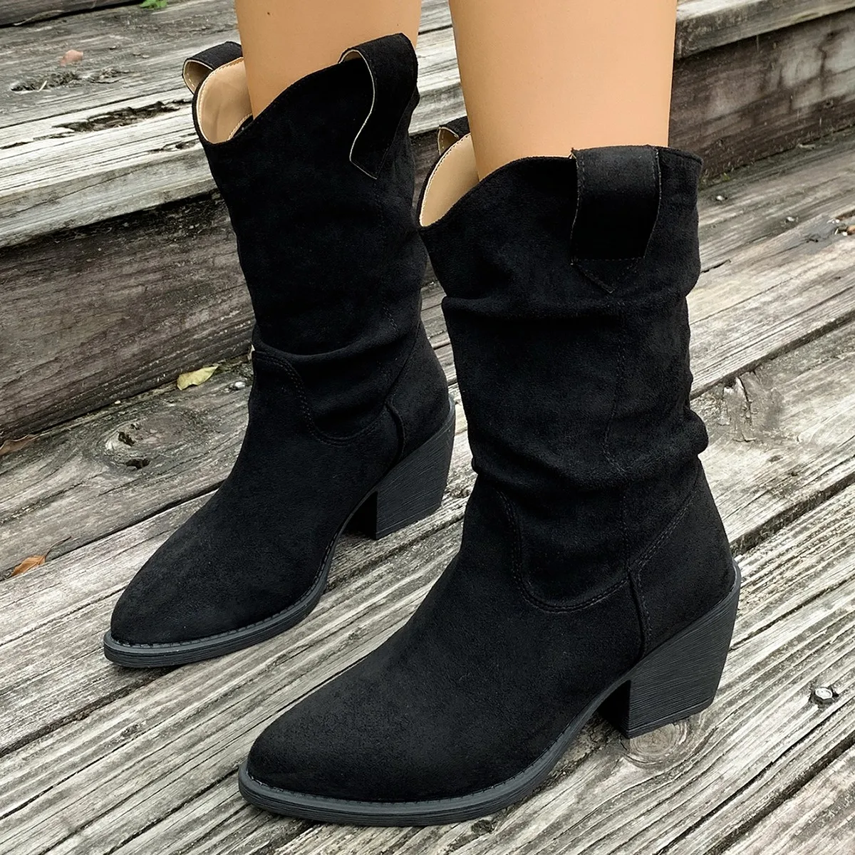 Winter Fashion Women Mid-Calf Boots Chunky-Heel pointed tip Suede Boots Woman High Quality Comfortable Knight Boots large size43