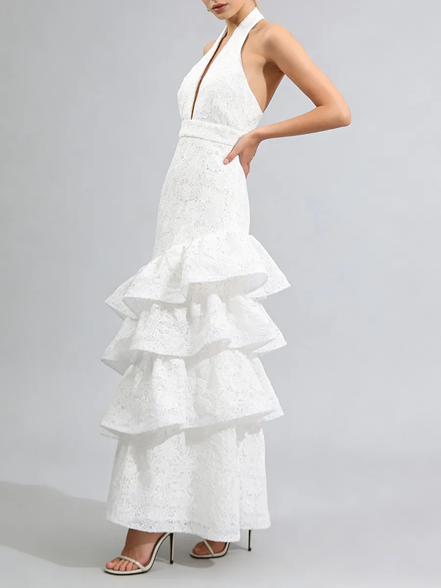 Vestidos Minimalistas Sexy com Renda em Camadas para Mulheres, Halter, Sem Mangas, Costas Descobertas, Vestido com Pregas e Ruffles Feminino 2026