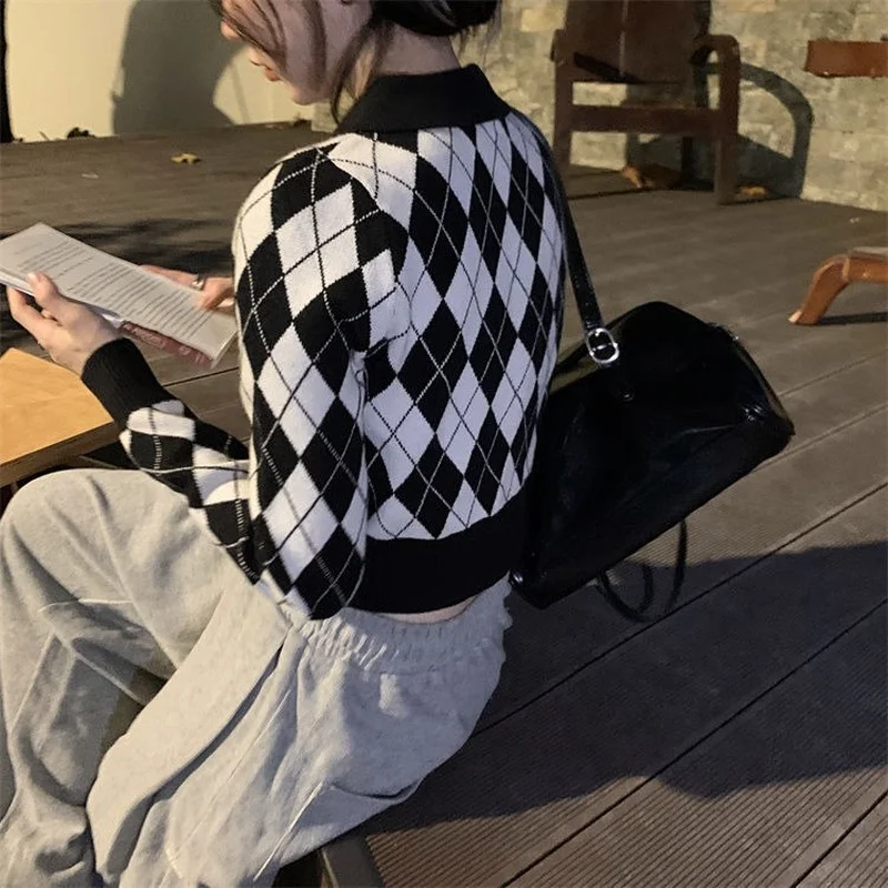 Cardigan Women Knitted Sweater Temperament Autumn Long Sleeve Casual Female Slim Single Breasted Argyle Design Artistic Fashion