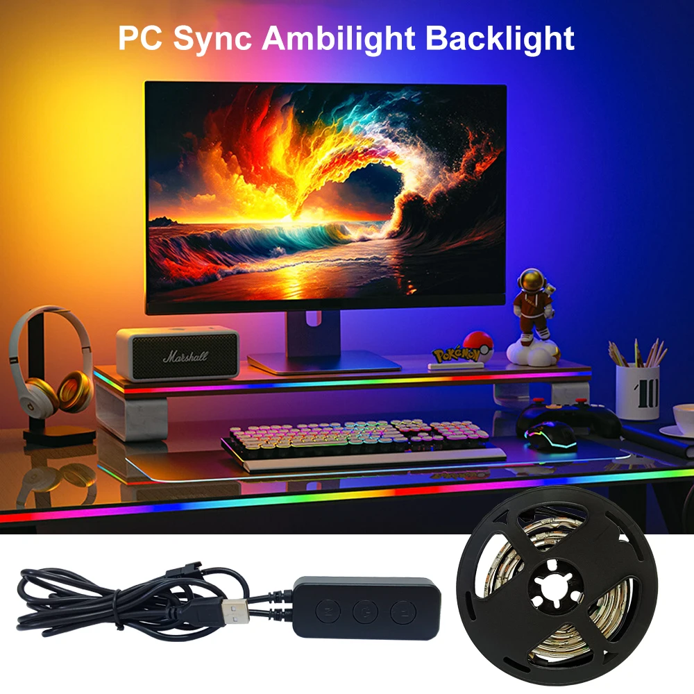 Computer Smart Ambilight Gaming Strip Light PC Backlight RGB Color Monitor Sync Light Strips DIY Game Room Decor USB 5V 27 Inch