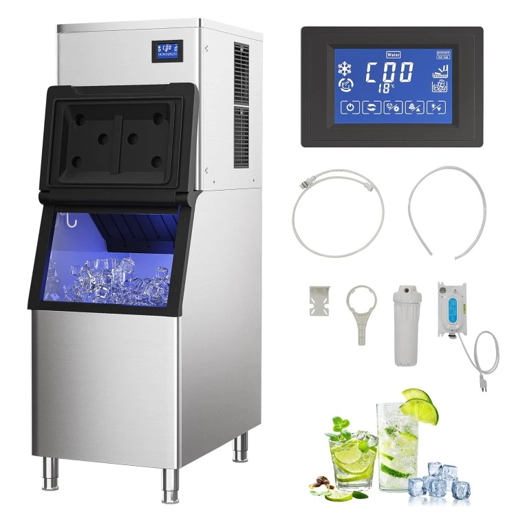 Commercial Ice Maker Machine, 400 lbs /24 h, 330 lbs Storage Bin, Stainless Steel, Automatic Cleaning, Blue Ray, Perfect for Bar