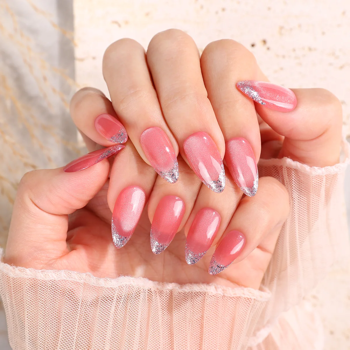 Rosa künstliche Nägel, lange künstliche Nägel zum Aufdrücken der Nägel, künstliche Nägel für Frauen, halbpermanenter Lack