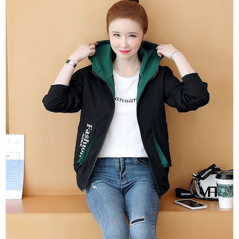 2023 New Spring Autumn Casual short Jackets Female Students Loose Coat Hooded Joker Baseball Uniform Printing Letter Outwear
