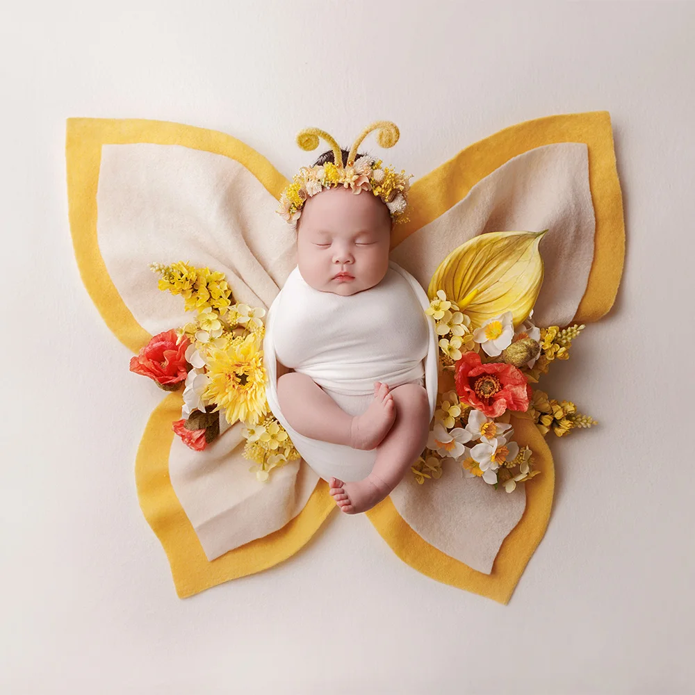 

Newborn Milestone Photography Props Headband Flower&butterfly Felt Mat Styling Props Artificial Flowers for Studio Baby Shooting