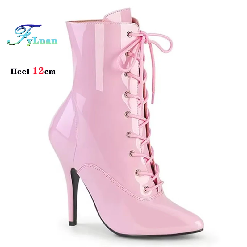 

12CM Thin High Heels Women Pink Pointed Toe Boots Sexy Woman Shoes European and American Plus Size 44 45 46 Pole Dance Booties