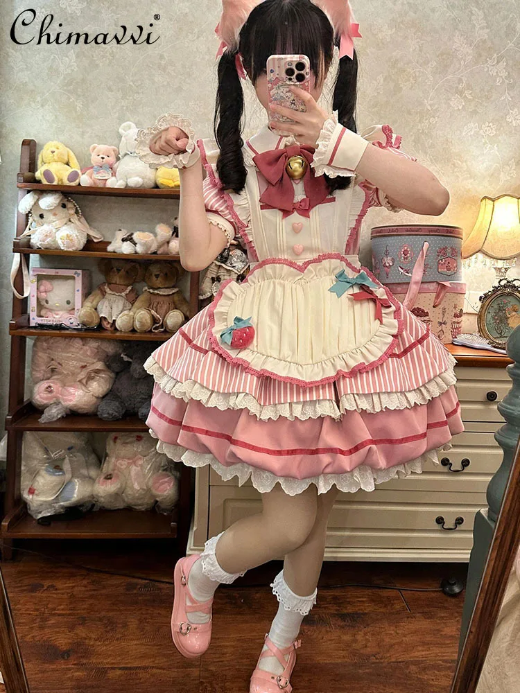 New Sweet and Cute Bow Girls Women OP Pink Bud Dress Lolita Daily Short Sleeve Kawaii Cosplay Lo Princess Short Dresses