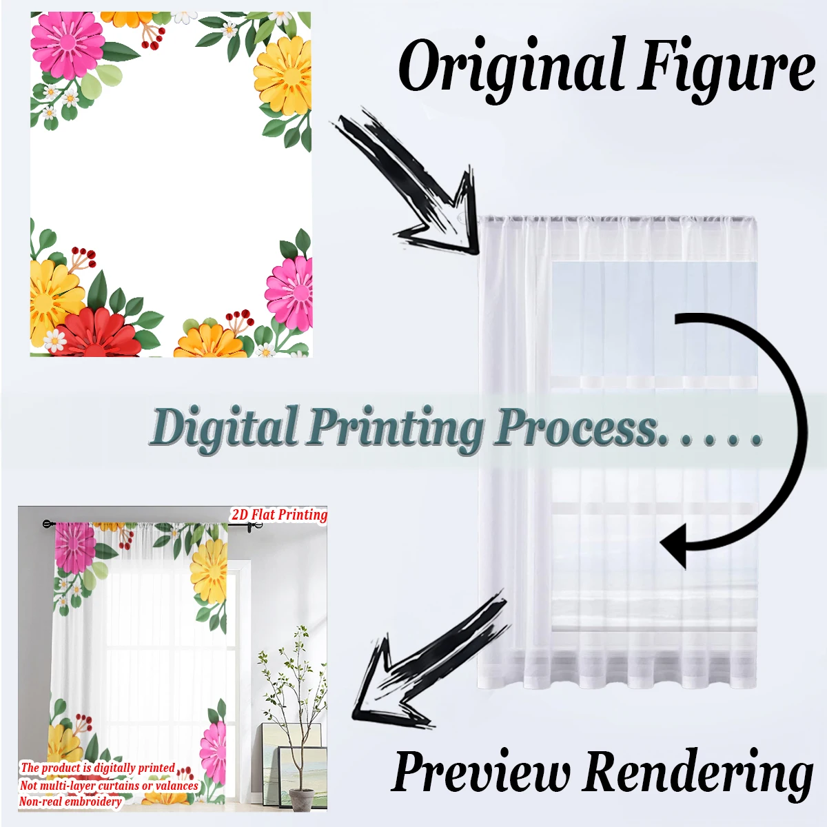 ستارة شفافة بطباعة مسطحة على شكل زهور ملونة، قماش خفيف، لغرفة المعيشة وغرفة النوم وديكور المنزل والنافذة