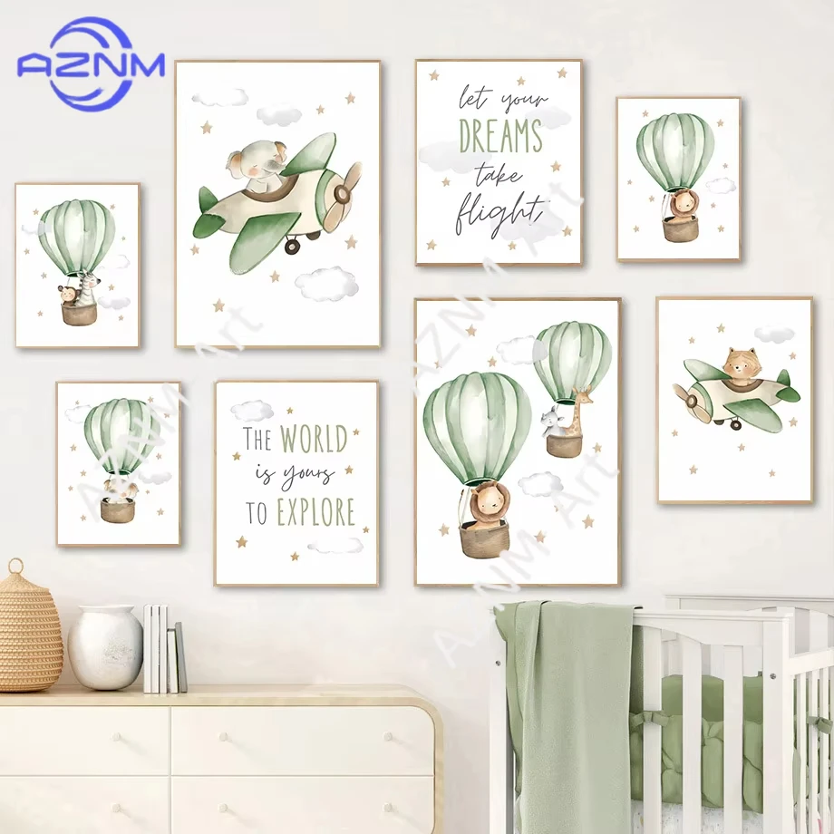 1 Stück Boho Tiger Löwe Flugzeug Heißluftballon Zitat Kinderzimmer Poster Wandkunst Leinwanddruck Baby Kinderzimmer Heimdekoration