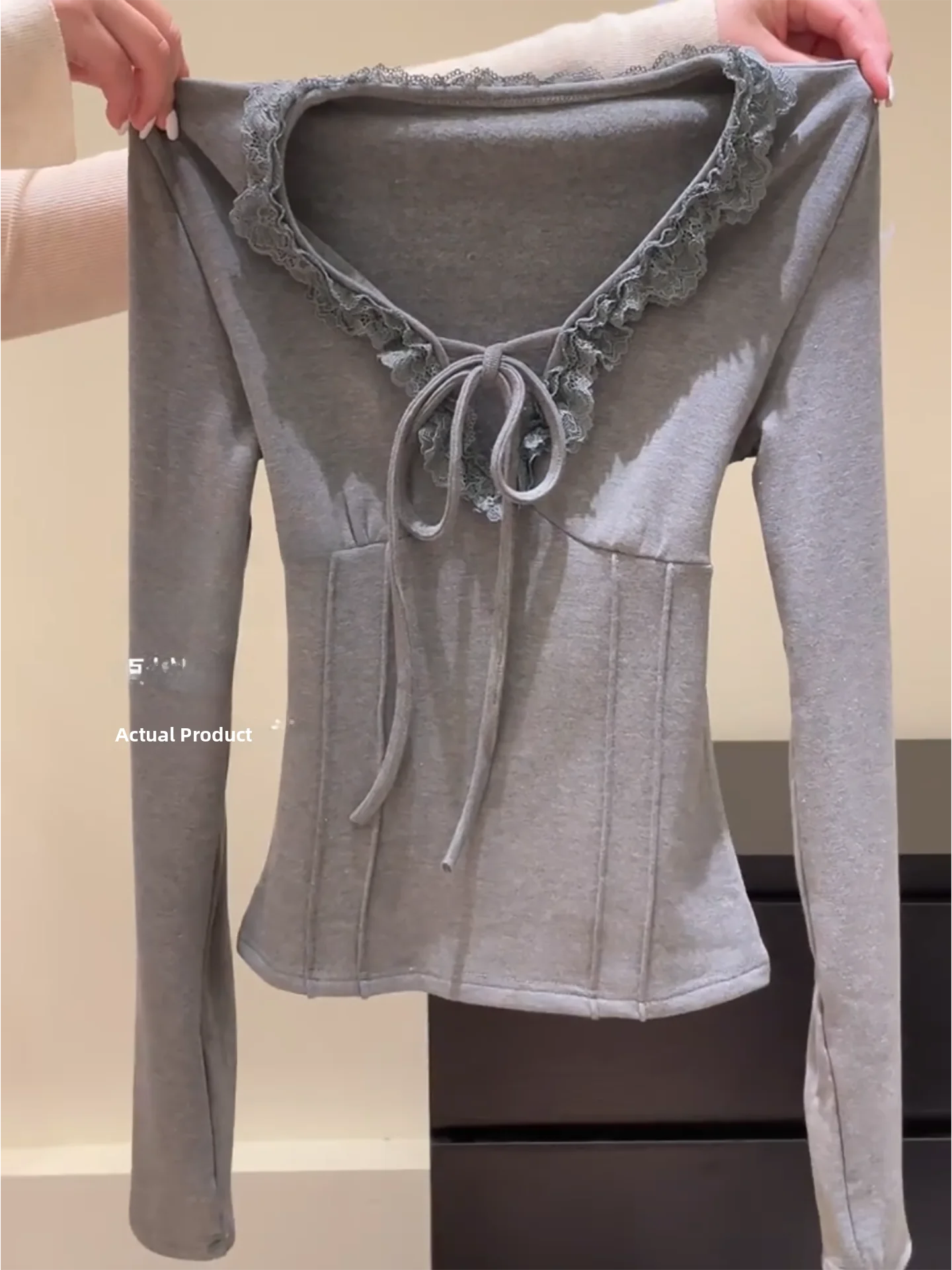 スイートガール スレ レース スプライス ノット ロング スリーブ Tシャツ レディース 秋冬 インナー スリムフィット ベースシャツ トップス 韓国風 スレ