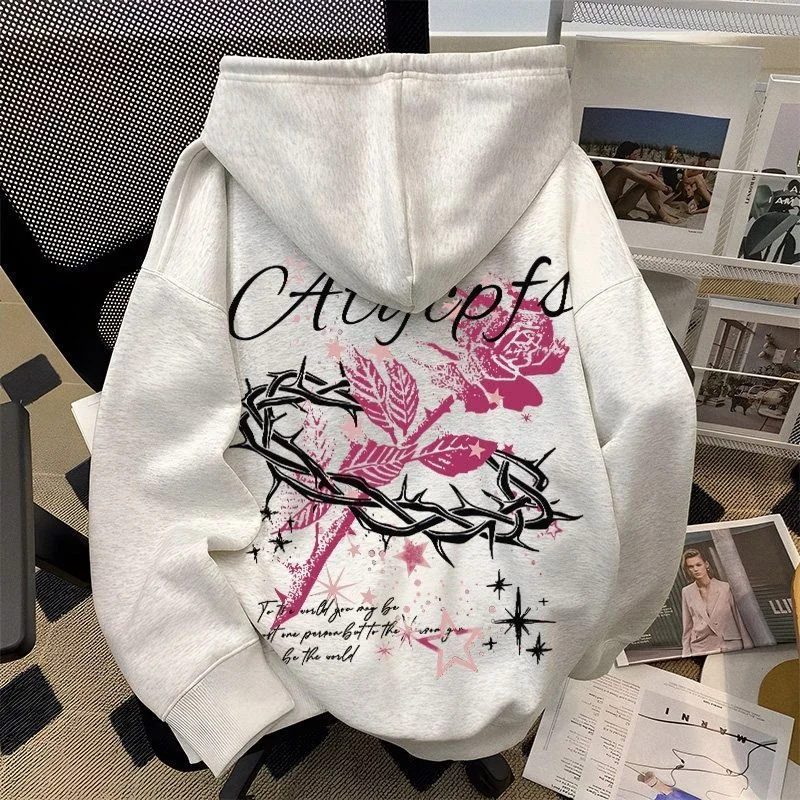 

Худи большого размера с принтом «Розовые шипы», осенне-зимняя повседневная модная толстовка из плотного хлопка, дышащая, быстросохнущая, эластичная