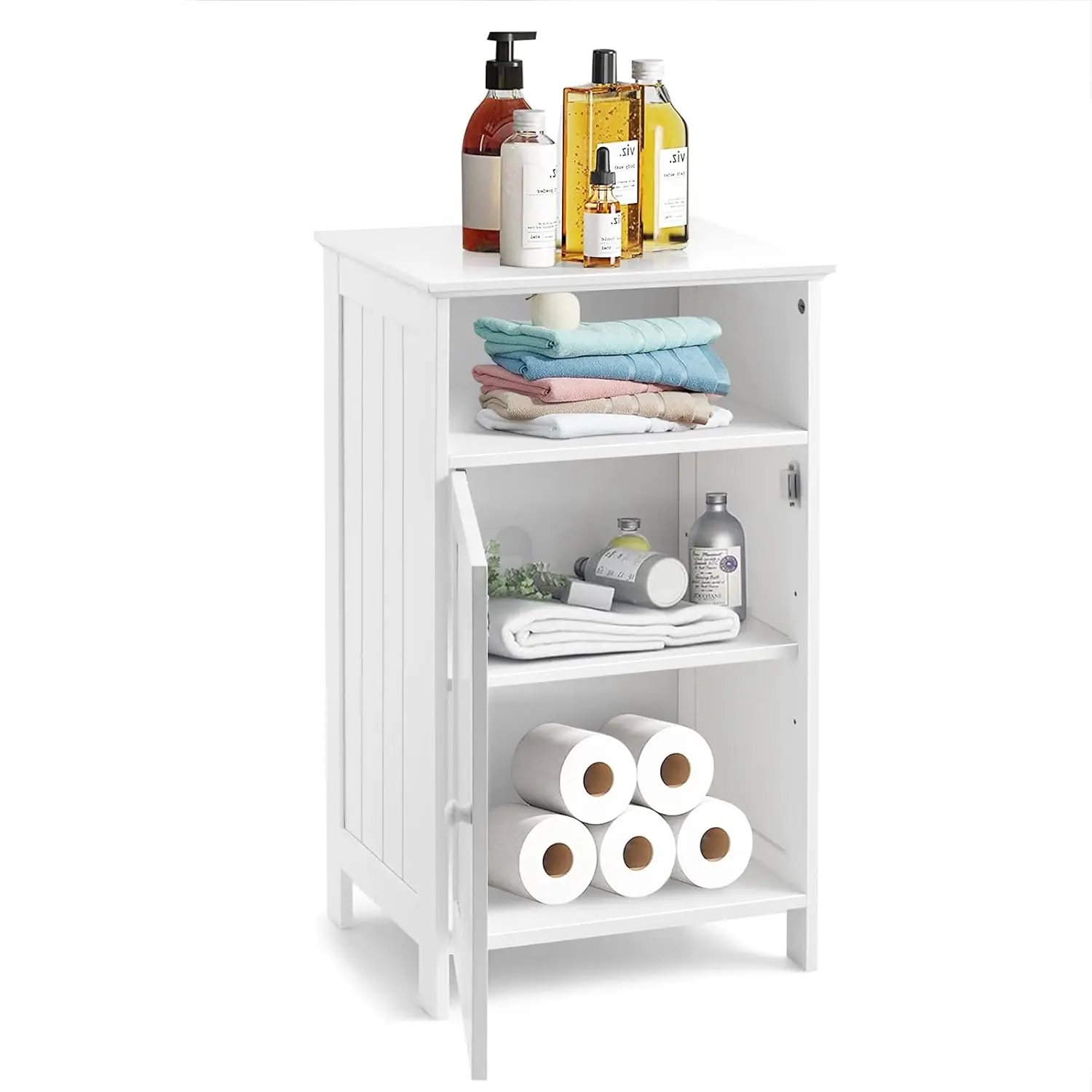 

Small White Bathroom Floor Storage Cabinet with Drawer & Door, For Toilet, Customized