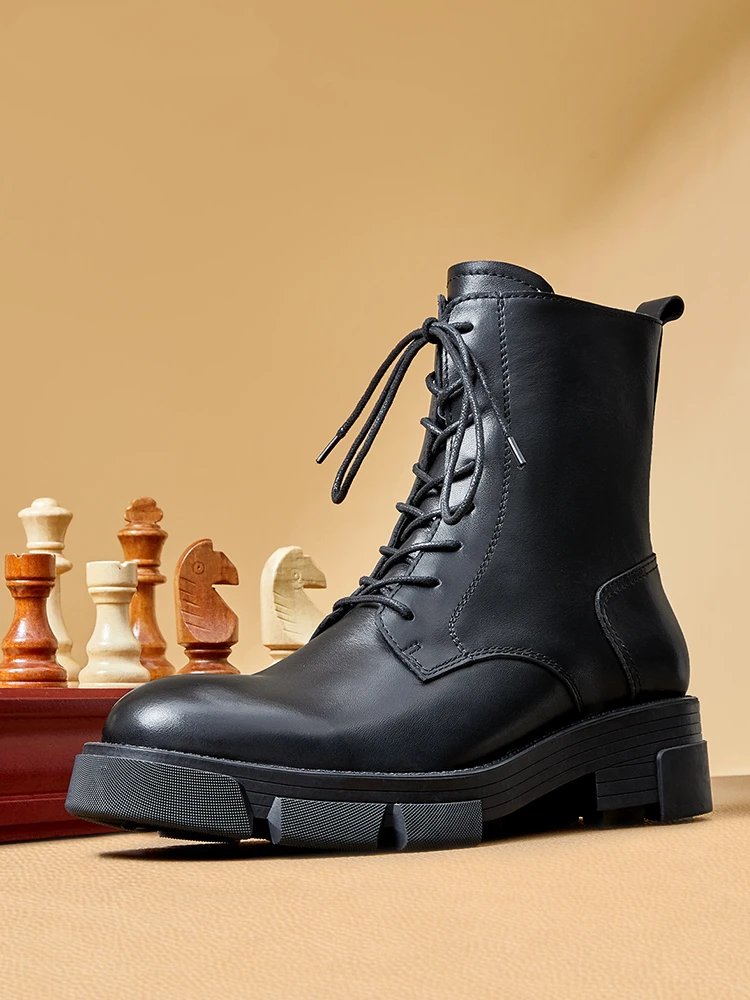 Vintage Men\'s Autumn Winter British Mid-calf Boots Top Layer Cowhide Thick Heel Riding Shoes