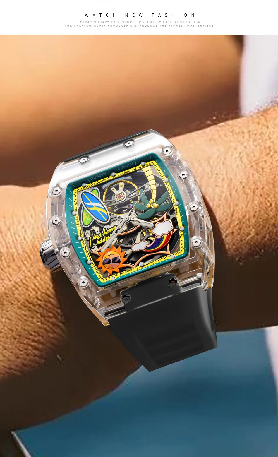 Neue PINDU Uhr mit einzigartigem Zifferblattdesign, mechanische Uhr für Herren, Sommer-Strandmode-Uhr, leuchtend, wasserdicht, mit Harz-Silikonarmband. – Detail 10