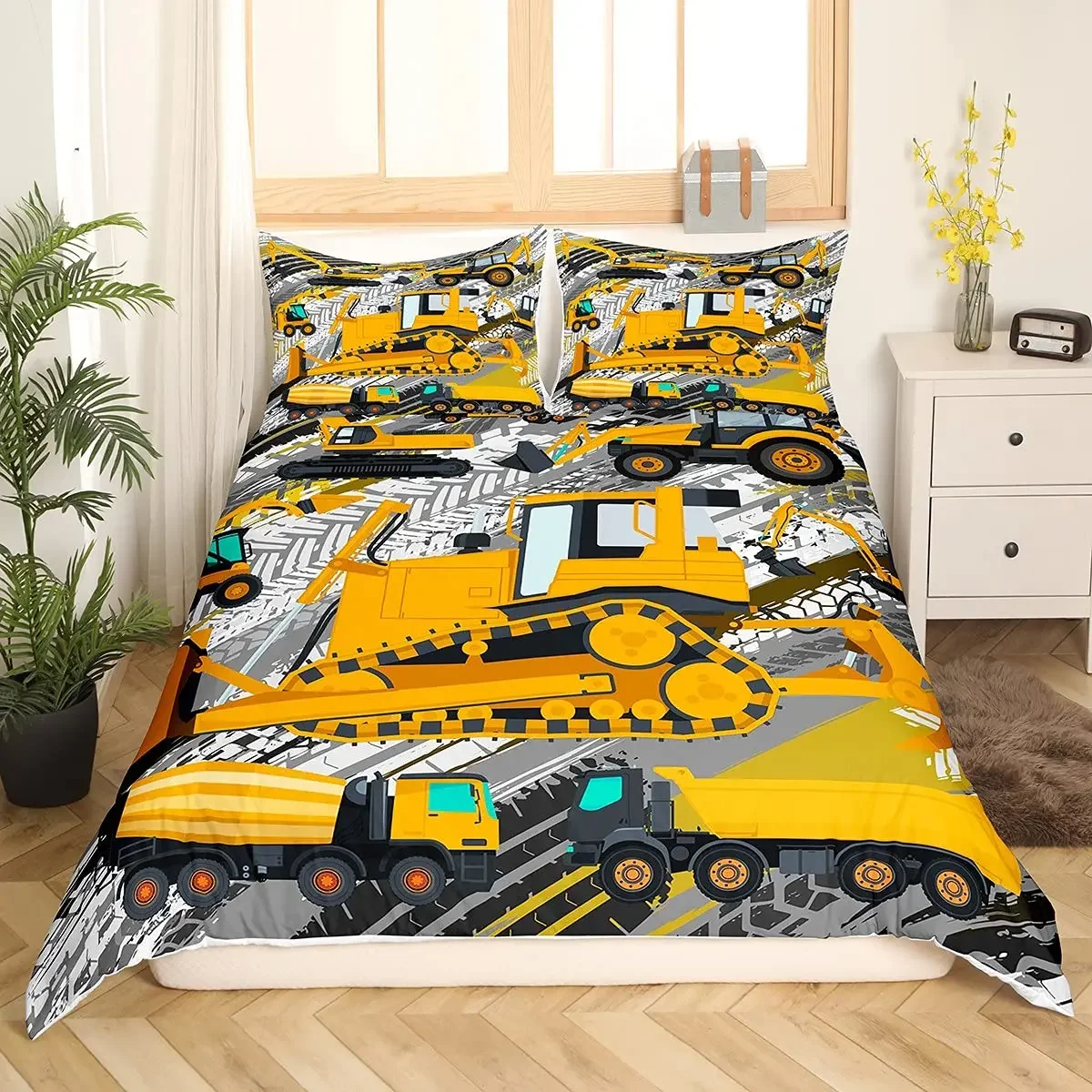 Truck Excavator King Queen Duvet Cover Yellow Tractor Bedding Set for Kids Boys Girls Cartoon Car Transporter 2/3pcs Quilt Cover