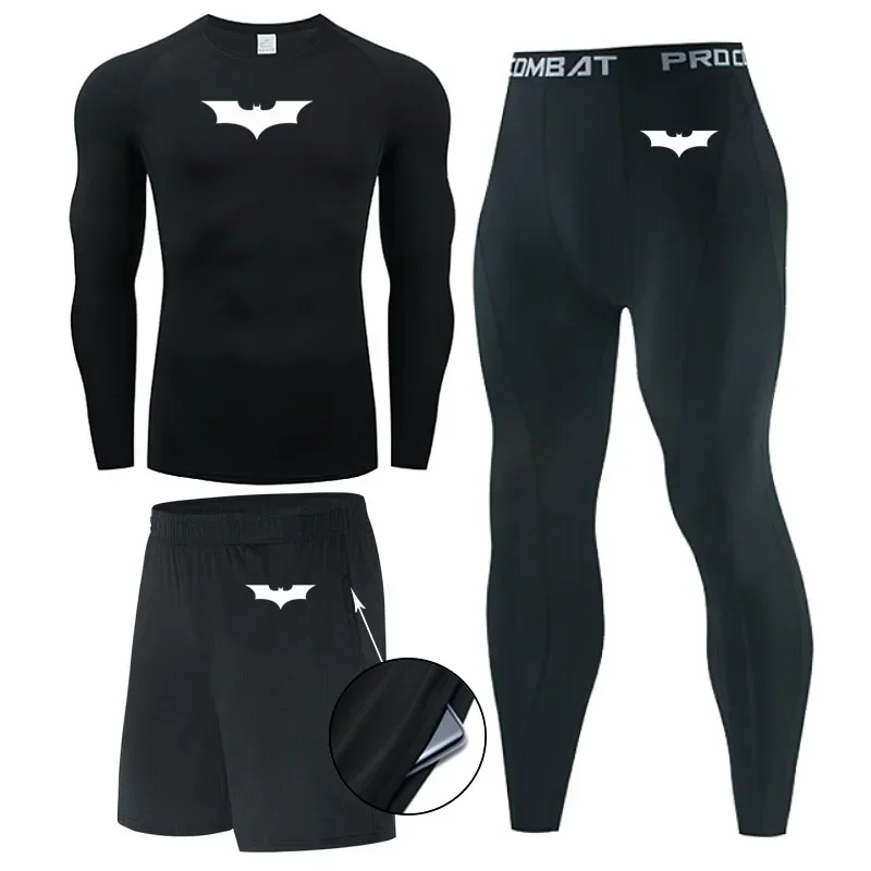 

Men Underwear set Bat Compression Workout sports running tights MMA clothing T shirt+leggings Gym 3 pc jogging Fitness suits