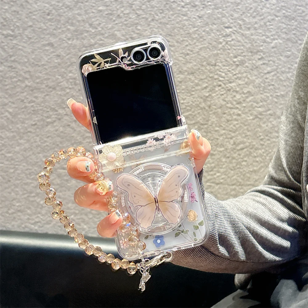 Koreańskie etui na telefon z zawiasem w kształcie uroczego motyla i kwiatów, odpowiednie do Samsung Z Flip7 6 5 4 3, z uchwytem dla wersji damskiej