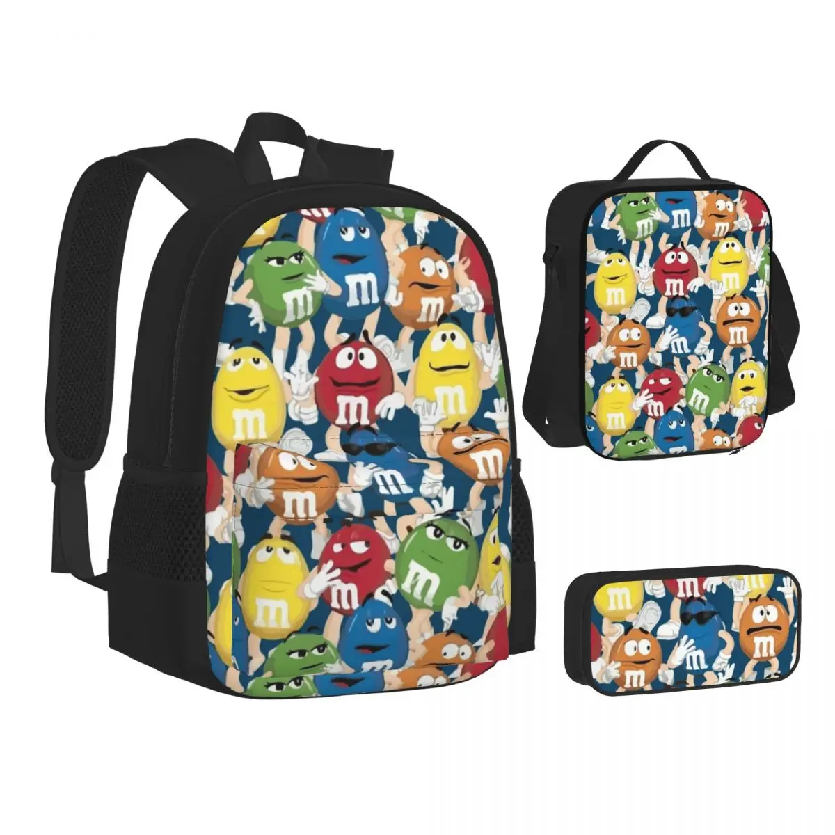 

New M And M Characters Backpacks Boys Girls Bookbag Children School Bags Kids Rucksack Lunch Bag Pen Bag Three-Piece Set
