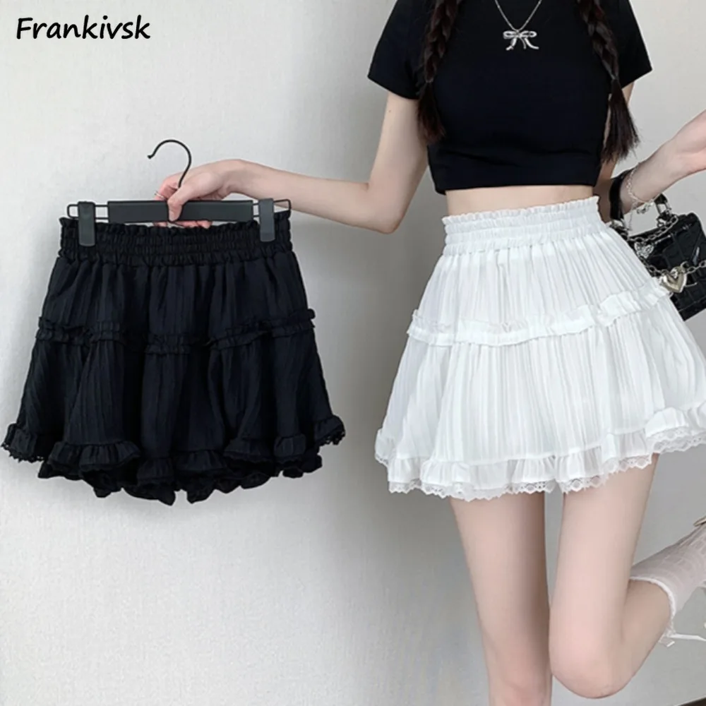 High Waist Women Skirts A-line Princess Lace Sweet Girls Students All-match Summer Korean Style Solid Thin Stretchy Charming Fit