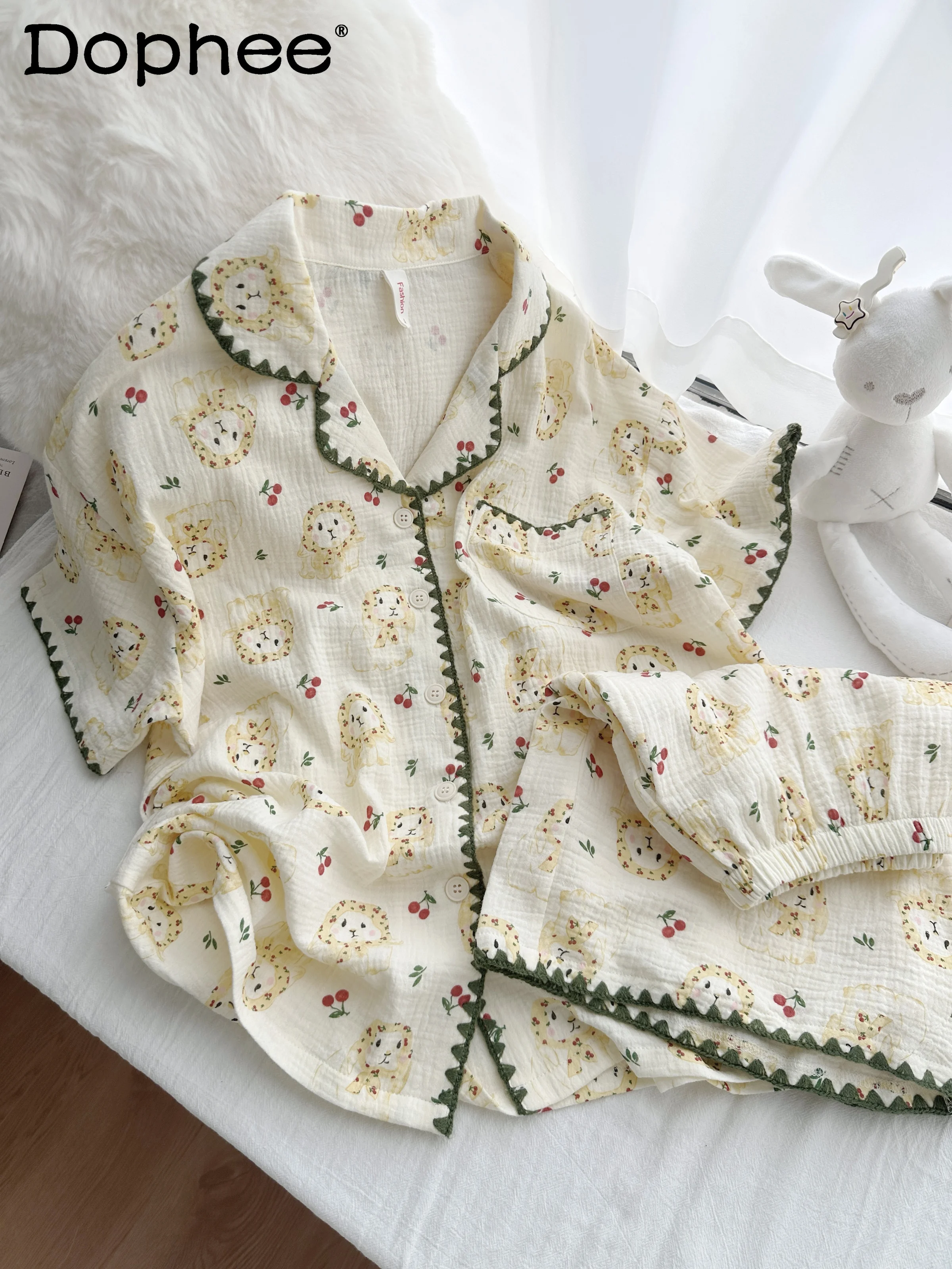

2025 Ins Sweet Girl Summer Pure Cotton Pajamas Japanese Original Casual Cotton Yarn Loungewear Cartoon Cute Short-sleeved Set