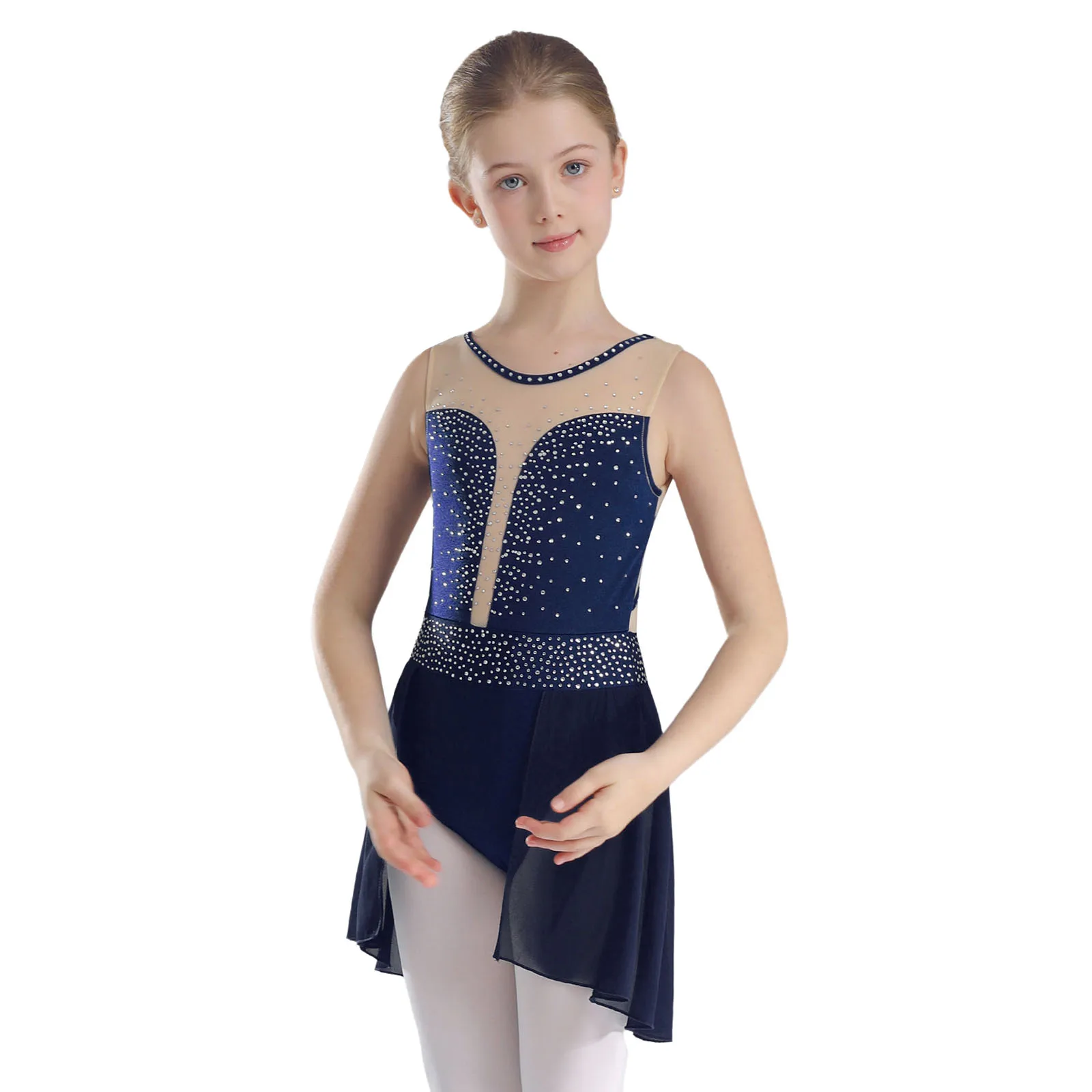 Body da ballo lirico per ragazze vestito per bambini senza maniche con strass body con gonna per pattinaggio artistico balletto Performance Dancewear