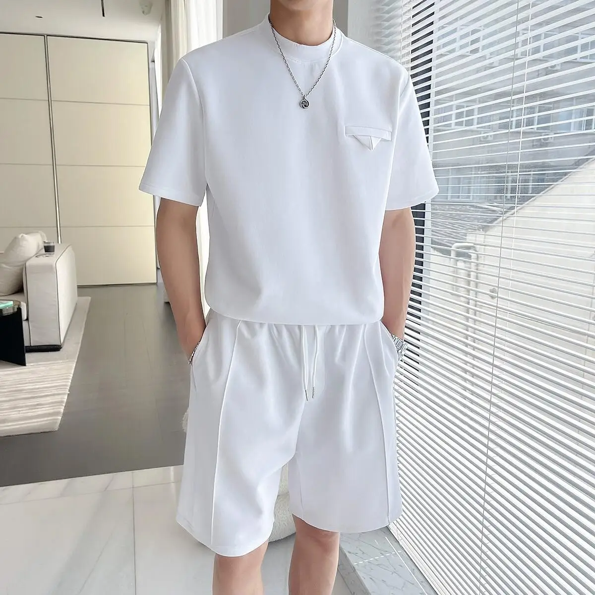 2023 Summer New Men's Sets Fashion Loose Casual Short Sleeved T Shirt+Sports Knee Length Shorts Two-piece Black/White/Gray 3XL-M