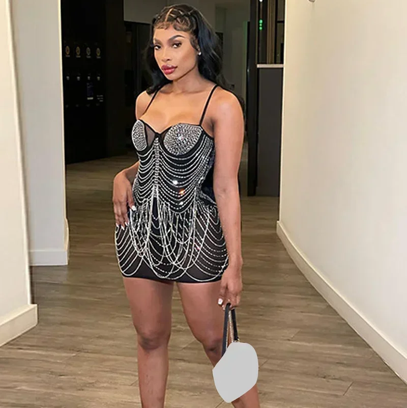 

GUWU Black Rhinestone Fringe Spparkle Mini Women Dresses Summer Glam Mesh Sequins Short Party Birthday Dress