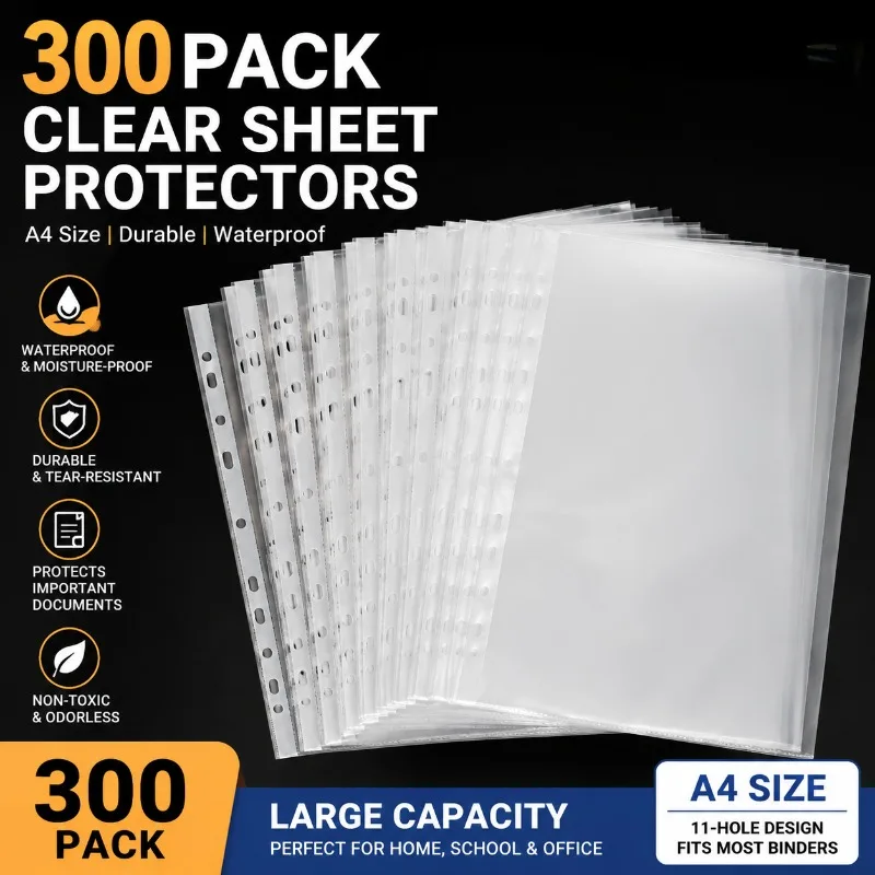 300 protège-feuilles A4 transparents – Pochettes en plastique durables pour documents, idéales pour le bureau, l'école, la maison et l'organisation de classeurs