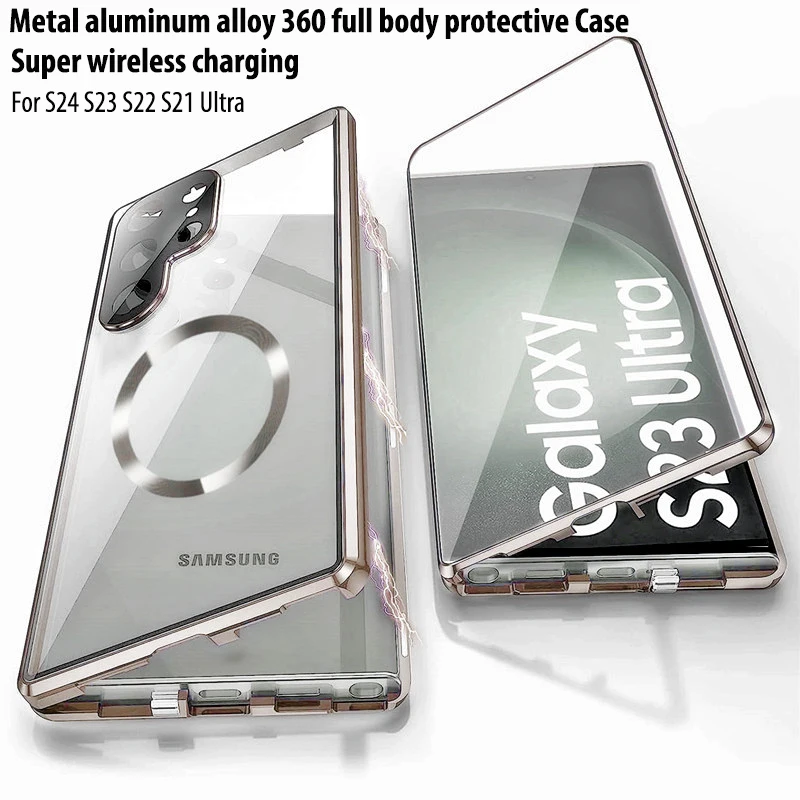 For Samsung Galaxy S23 S24 S22 Ultra Case Magnetic MagSafe Metal Aluminum alloy 360° Full Surround Screen Glass Protection Cover