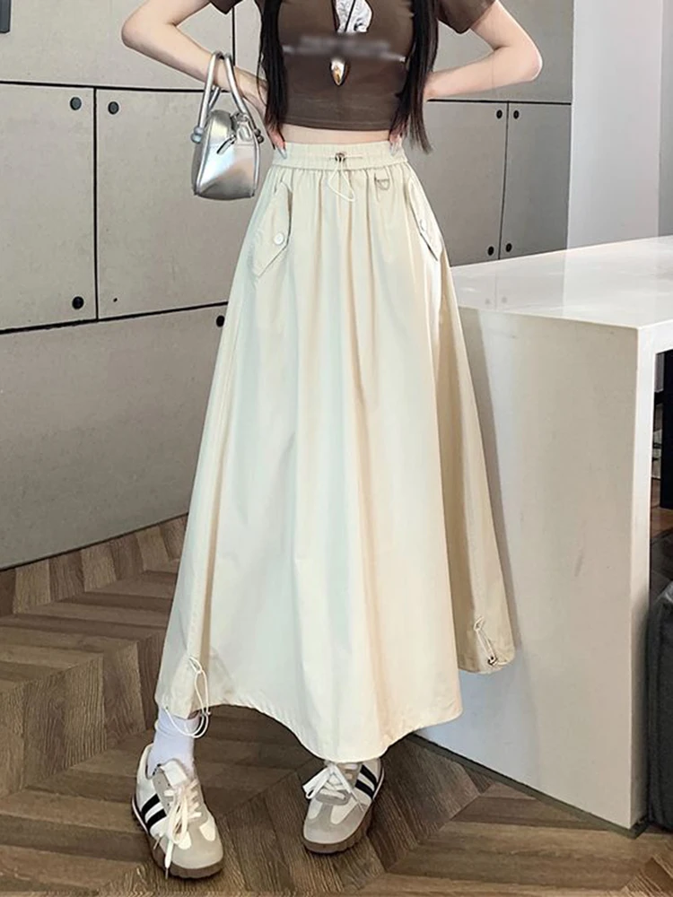 Zoki Y2K Women Cargo Long Skirts Vintage Loose High Waist Streetwear Skirt Retro Casual American Shirring Solid A Line Skirt New