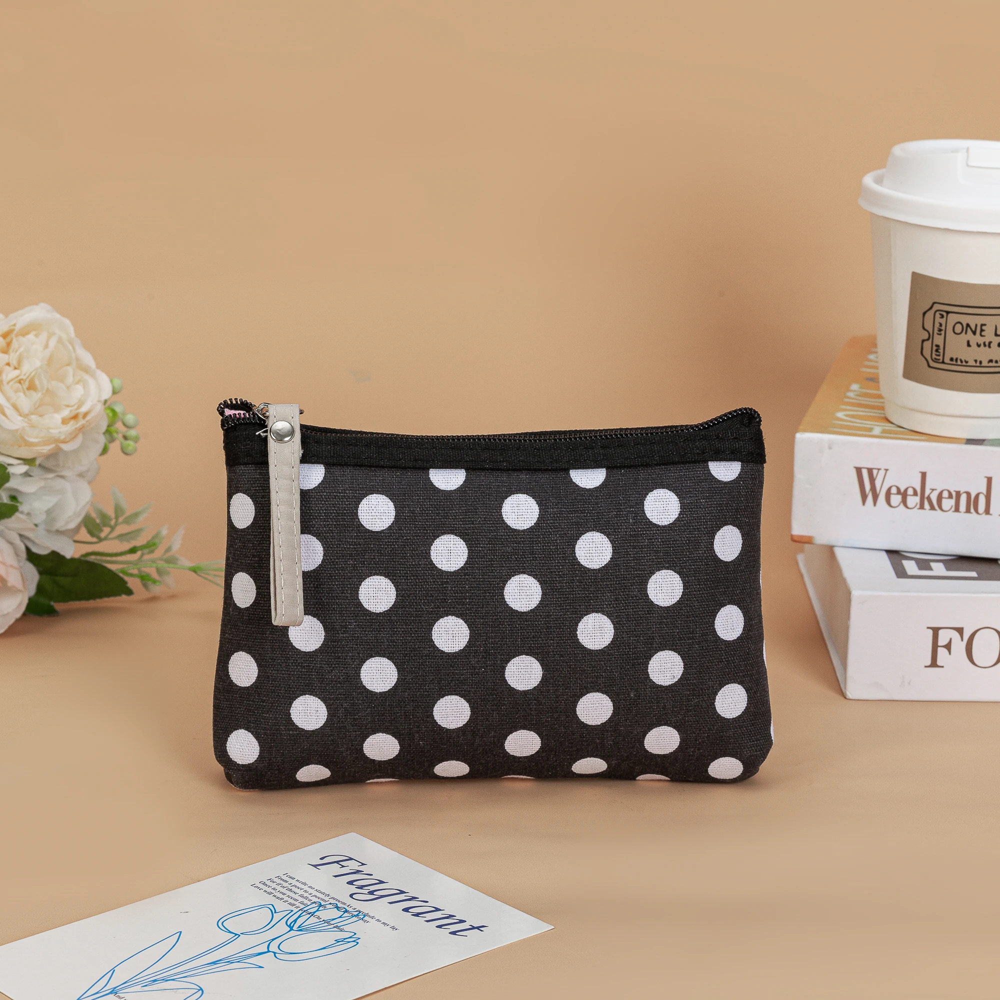 Waterproof solid color polka dot cosmetic bag student canvas coin purse cosmetic storage bag portable mobile phone bag black