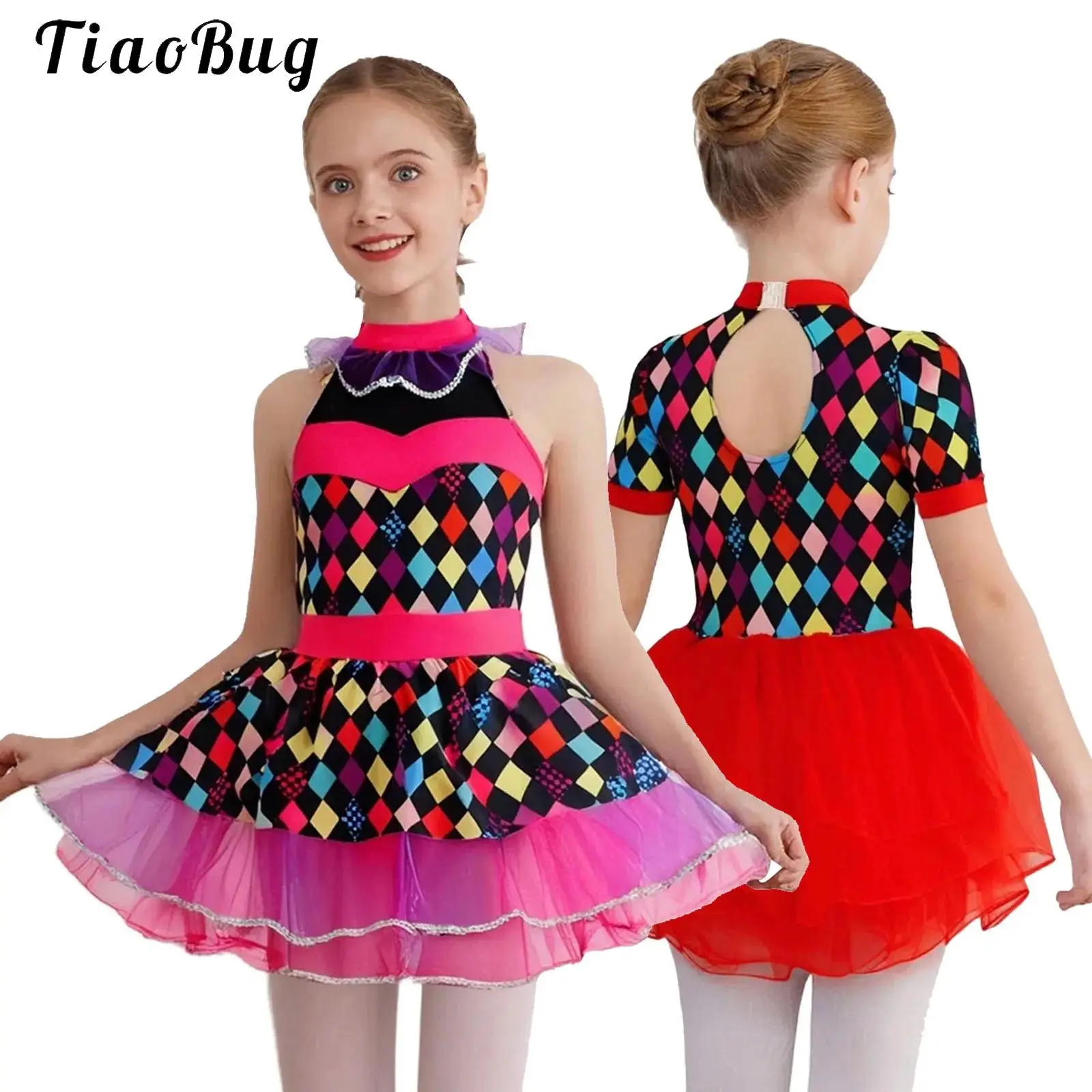 

Kids Girls Circus Clown Costume Halloween Cosplay Joker Clothes Pink Grid Mesh Tutu Fancy Leotard Dress for Dance Performance