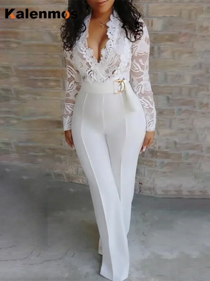 Mono Blanco de encaje para mujer, mono de una pieza, manga larga, cuello en V, pantalones largos, elegante, trabajo de primavera, Y2k, novedad