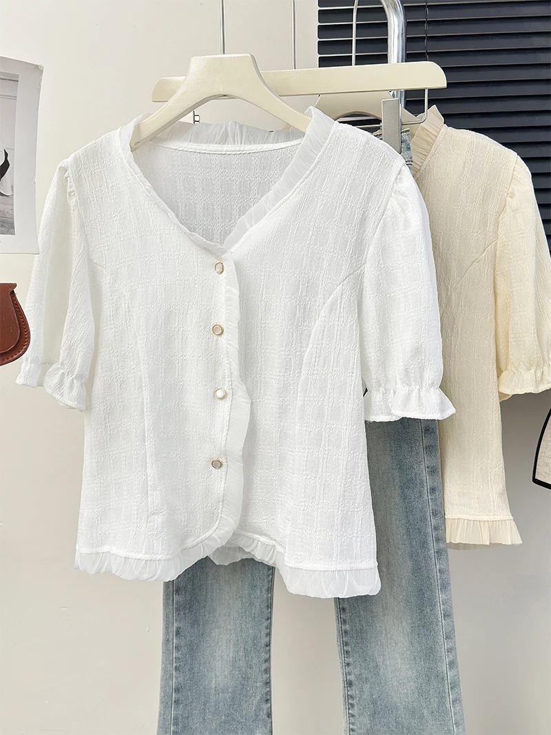 

V Neck Fungus Edge Puff Sleeve Blouses Single-breasted Design Sense Sweet Gentle Shirts Korean Fashion Vintage Chic Blusas Mujer