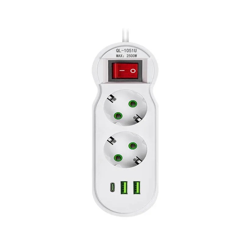 EU-stekker stekkerdoos 2/3/4/5 stopcontact Multitap-verlenging 10A met 2 USB 1 Type-C-poorten 2 m snoer stopcontact 2500 W