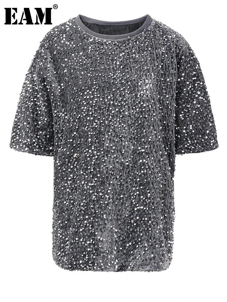 

[EAM] Women Gray Sequins Shining Big Size Casual T-shirt New Round Neck Short Sleeve Fashion Tide Spring Summer 2024 CPG1449