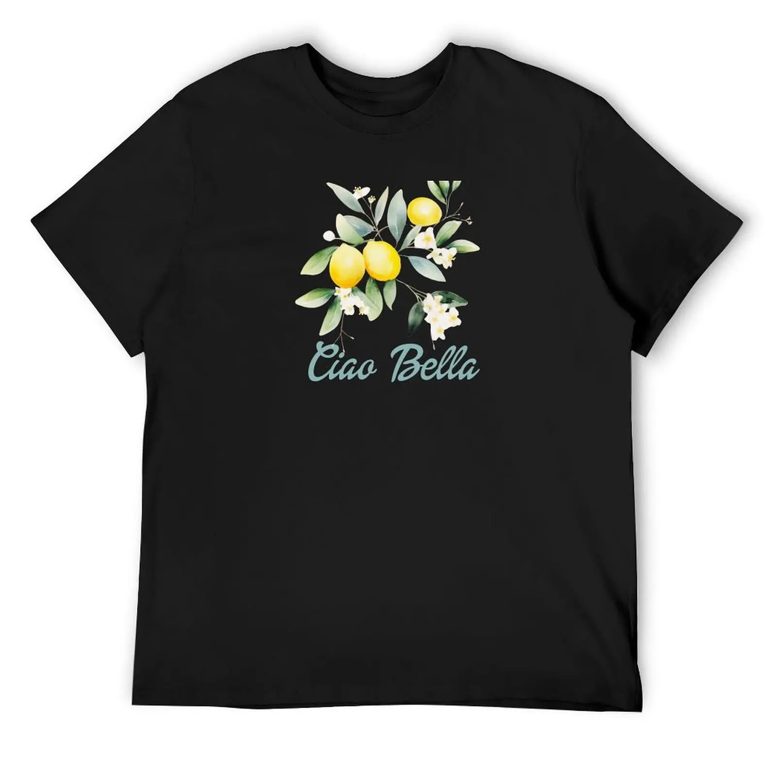 

Ciao Bella Italian text and Watercolor lemons lemon tree flowers and leaves T-Shirt shirts graphic Men's clothing