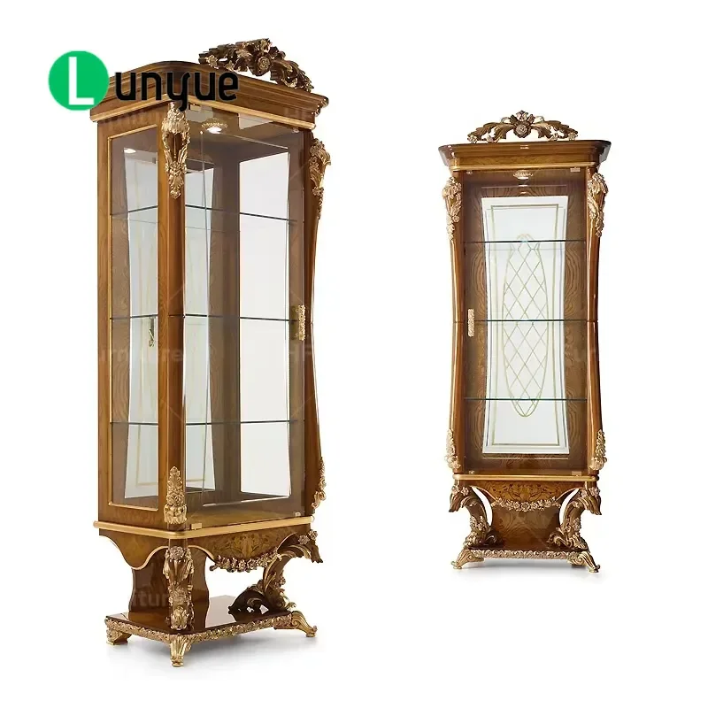 French Style Wooden Dining Wine Cabinet with Glass Door and LED Lighting Modern Display Storage Furniture for Living Room