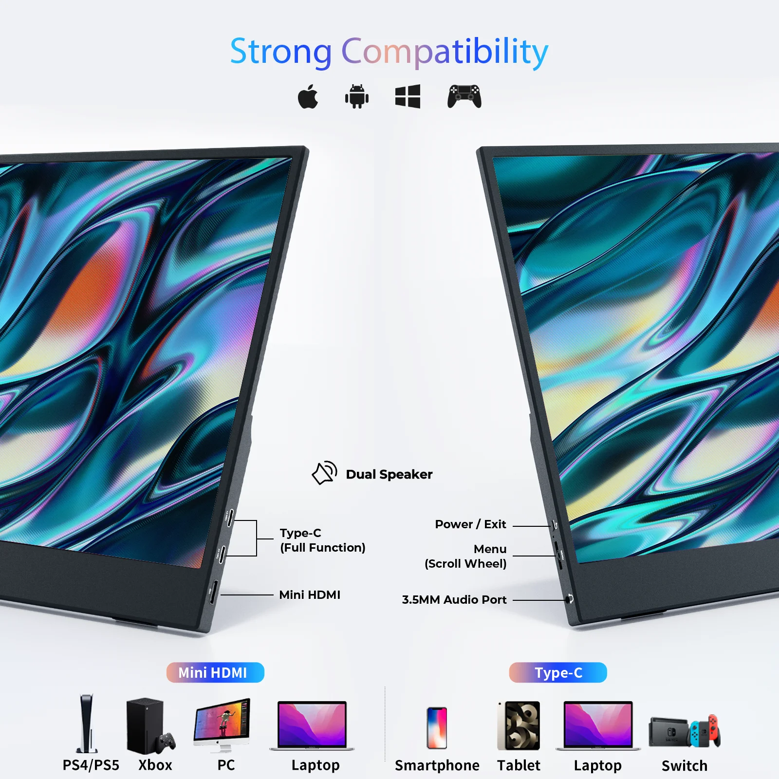 شاشة محمولة مقاس 15.6 بوصة، شاشة سفر USB-C HDTV مدمجة 1920x1080P لأجهزة الكمبيوتر المحمولة، شاشة كمبيوتر ثانوية خارجية مع H