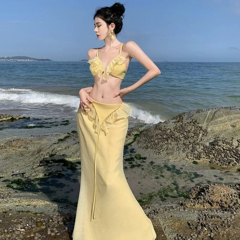 

Separate Sexy Charming Yellow Long Dress Lady Slim Hip Dresses Women Summer Beach Party Beauty Back Tropical Bali Sanya Dresses