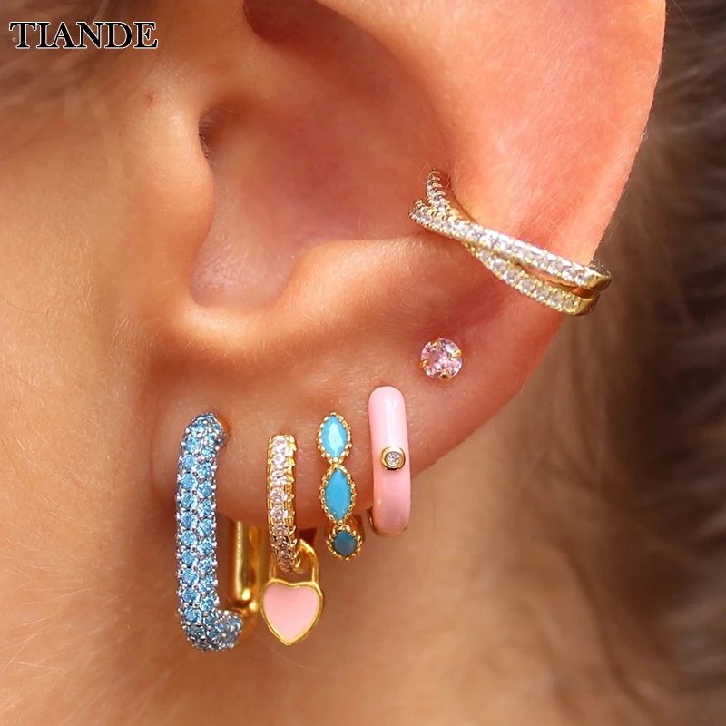 TIANDE Gold Color Drop Hoop Earrings for Women Zircon Enamel Piercing Heart Dangle Earrings Set 2022 Fashion Jewelry Wholesale